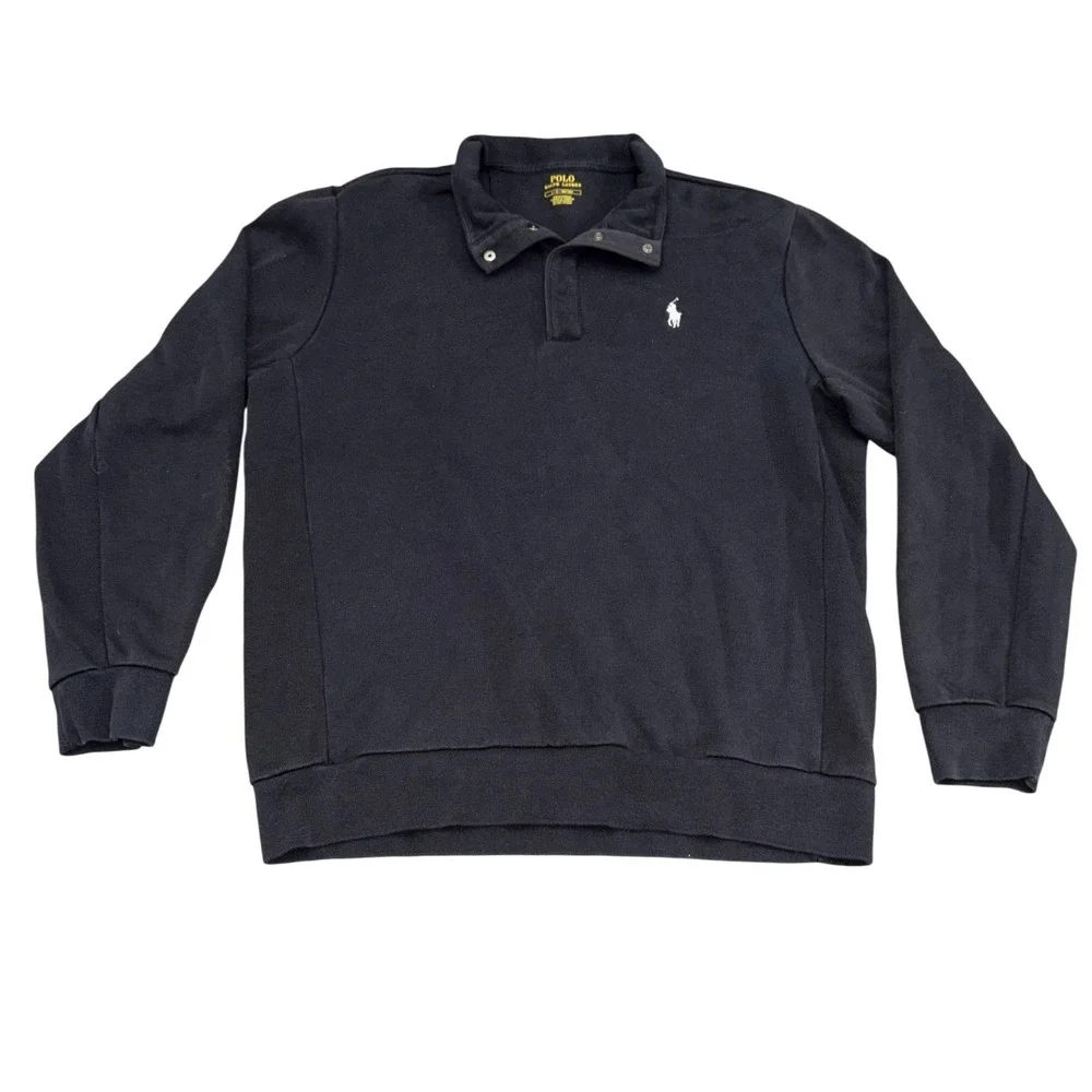 Polo Ralph Lauren Mens Black Snap Neck Fleece Sweatshirt Men's Large Pony Logo